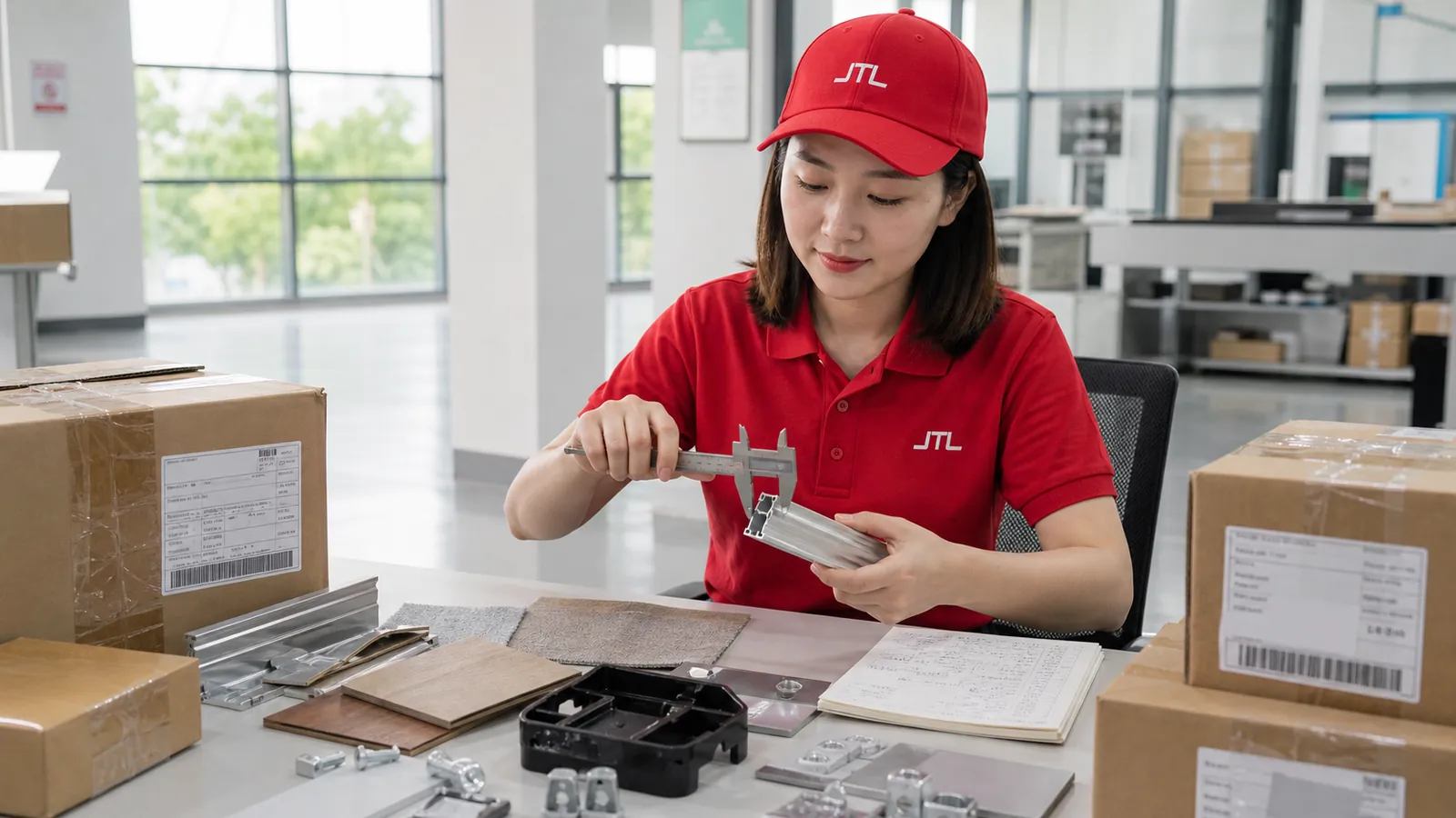 A JTL sourcing specialist measuring an unbranded product sample with digital calipers at a supplier showroom table.