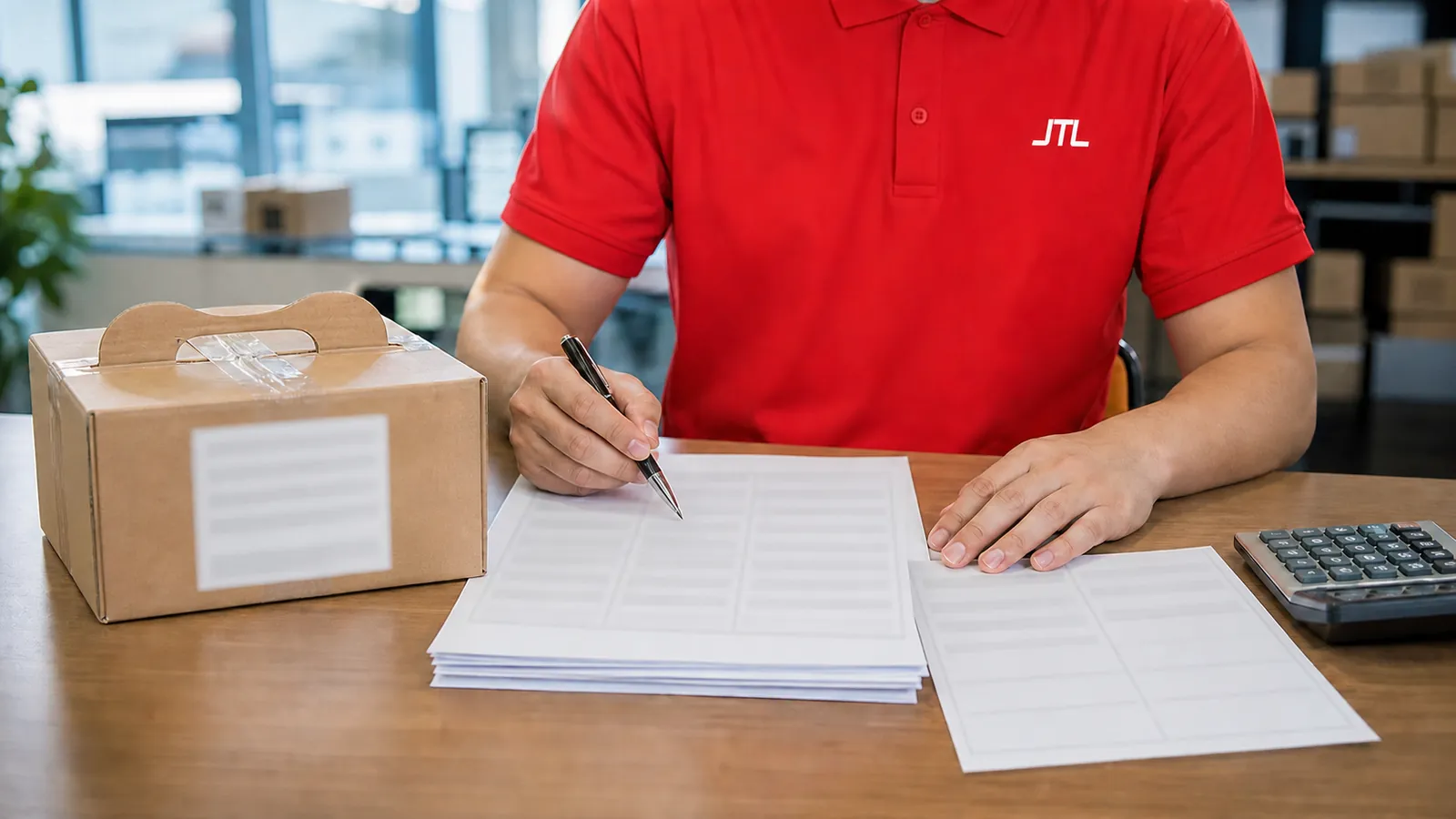 A JTL specialist at an office desk pointing a pen at a line on a stack of blank declaration forms, a small parcel and a calculator beside them.