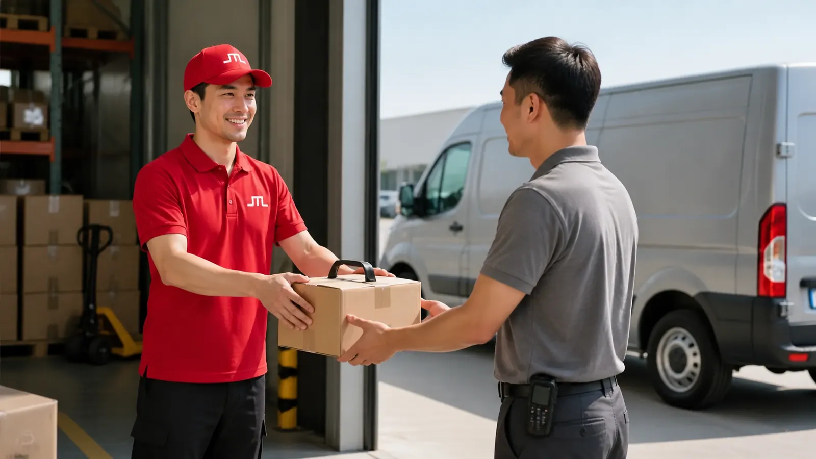 A JTL worker handing a small sealed carton to a courier at a warehouse dock, an unmarked white van waiting outside.