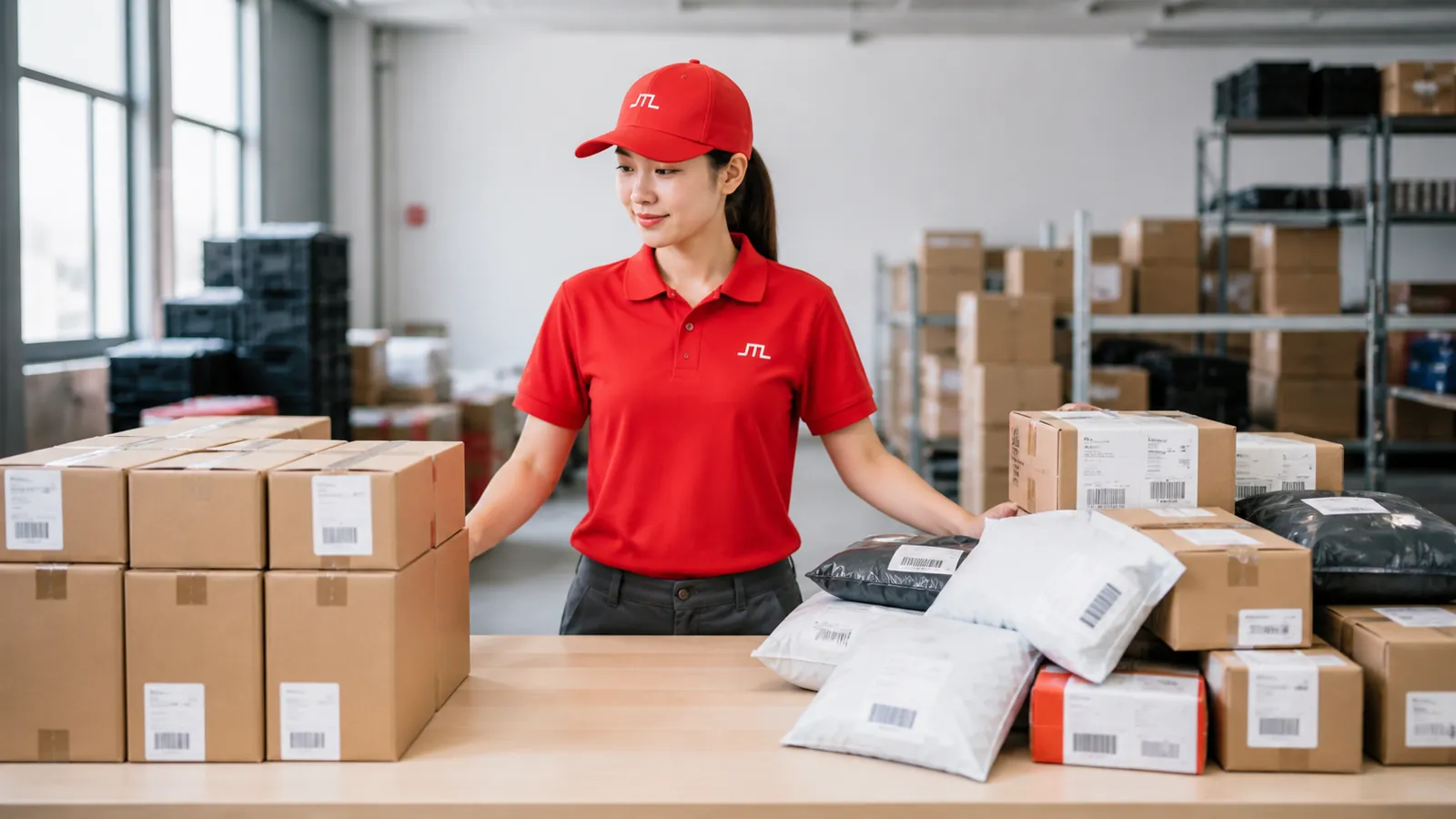 A long bench with a uniform bulk carton stack on one side and a handful of small varied retail parcels on the other.