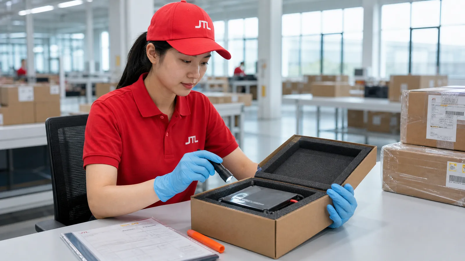 A JTL specialist in gloves inspecting a battery module inside a foam-lined carton with a flashlight, route-review paperwork on the bench.