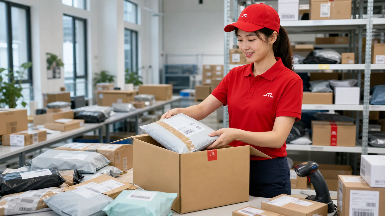 A JTL worker sorting a mixed batch of consumer parcels — polybags, shoe boxes and small cartons — into one outbound carton.