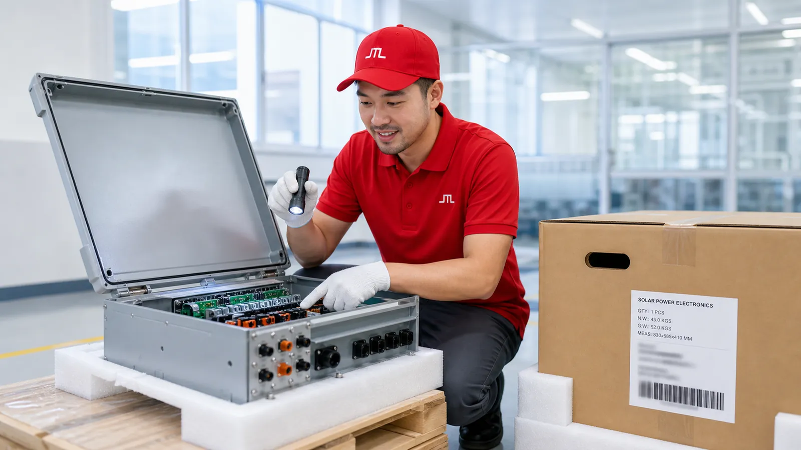 A JTL technician checking the internal components of a large unbranded power-electronics enclosure on a pallet with a flashlight.