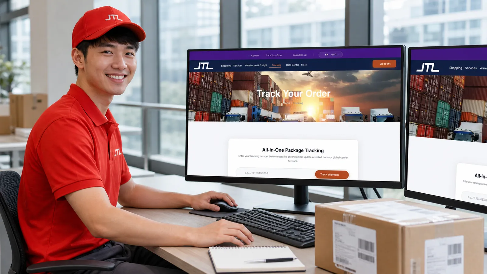 A JTL support specialist at a logistics operations desk reviewing shipment timelines on screen with a scanned parcel beside the keyboard.