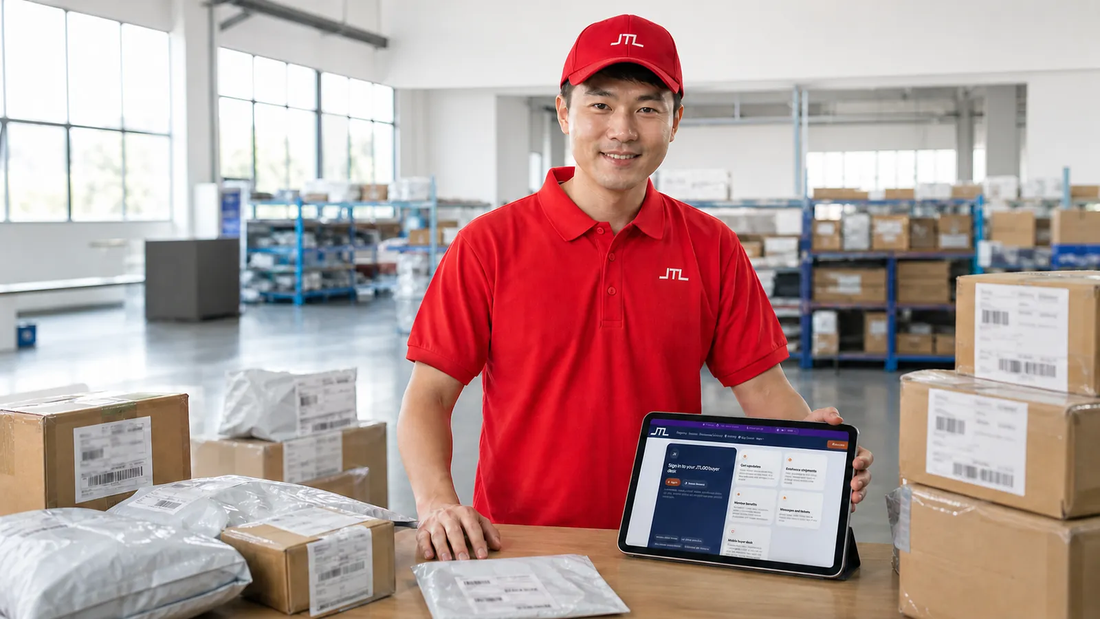 A JTL buying-desk specialist standing behind a bench of consolidated parcels, holding a tablet that shows the JTLGO buyer sign-in screen.