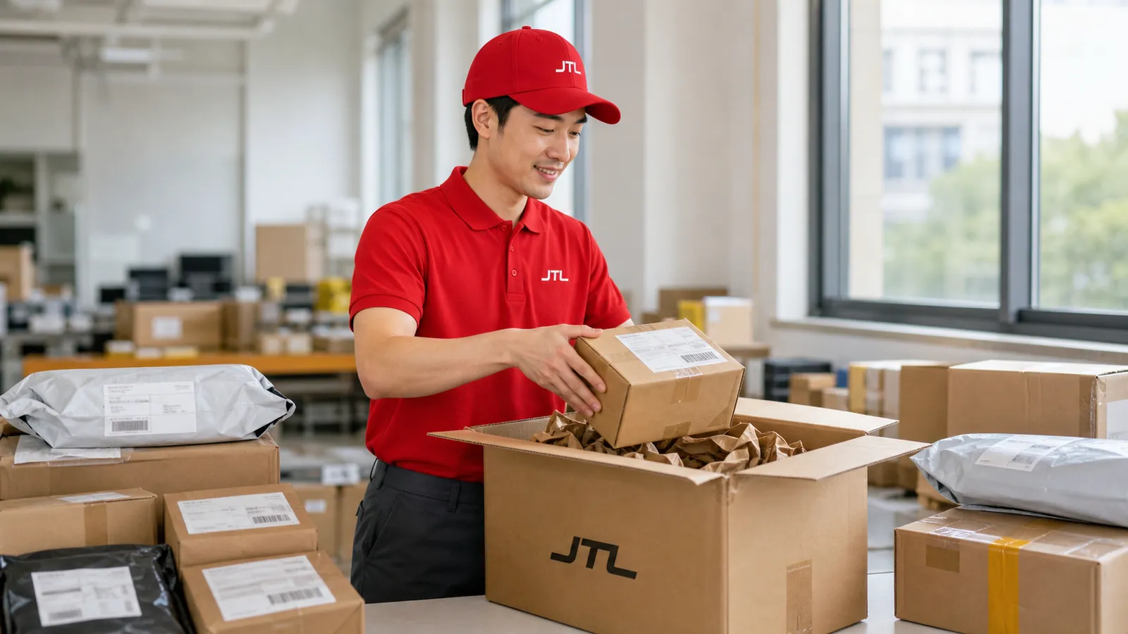 A JTL warehouse worker placing a smaller parcel into a larger outbound carton lined with kraft void-fill, surrounded by parcels from different sellers.